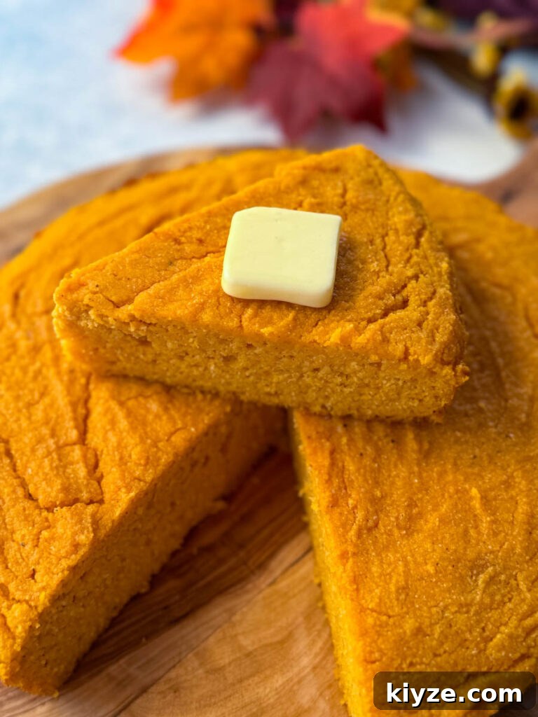 Classic Southern Sweet Potato Cornbread 7 a slice of sweet potato cornbread with butter on top of a pan of sweet potato cornbread