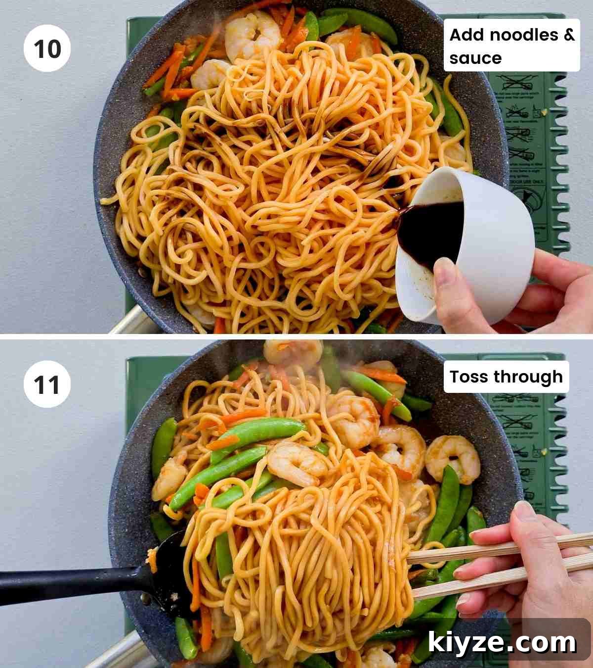 Wok Fried Prawn Noodles with Garlic and Chili 9 2 step instruction collage of tossing noodles in the pan with captions