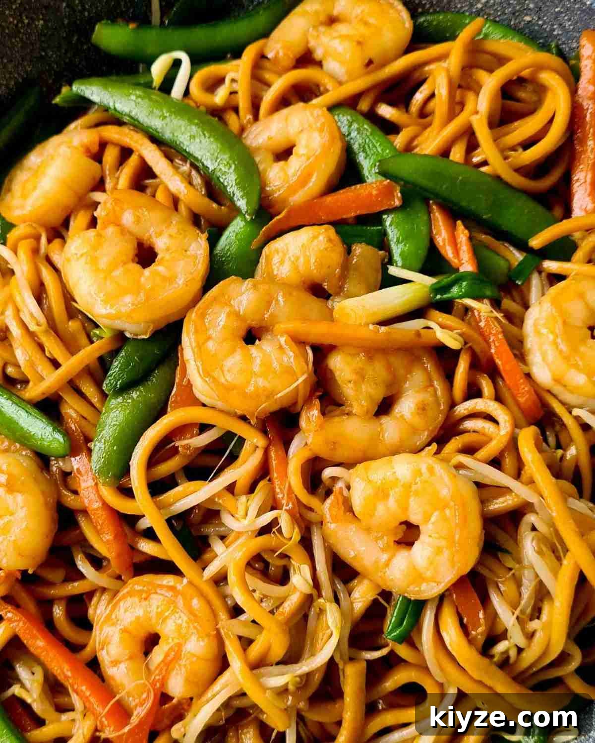Wok Fried Prawn Noodles with Garlic and Chili 11 Close up of prawn noodle stir fry