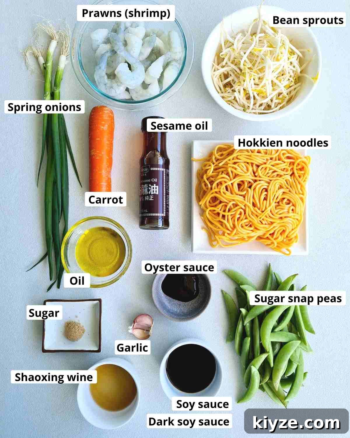 Wok Fried Prawn Noodles with Garlic and Chili 4 Ingredients required to make a prawn noodle stir fry recipe, labeled