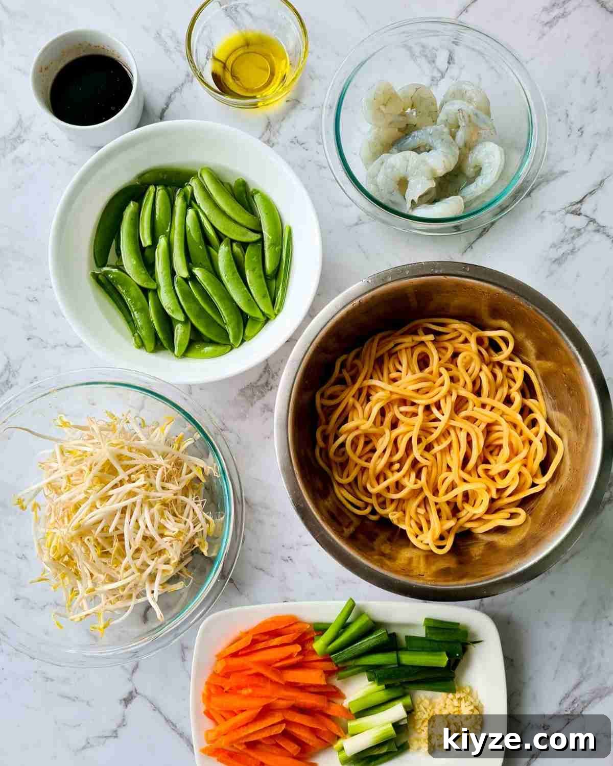 Wok Fried Prawn Noodles with Garlic and Chili 6 Prepared ingredients required for this recipe ready for stir frying
