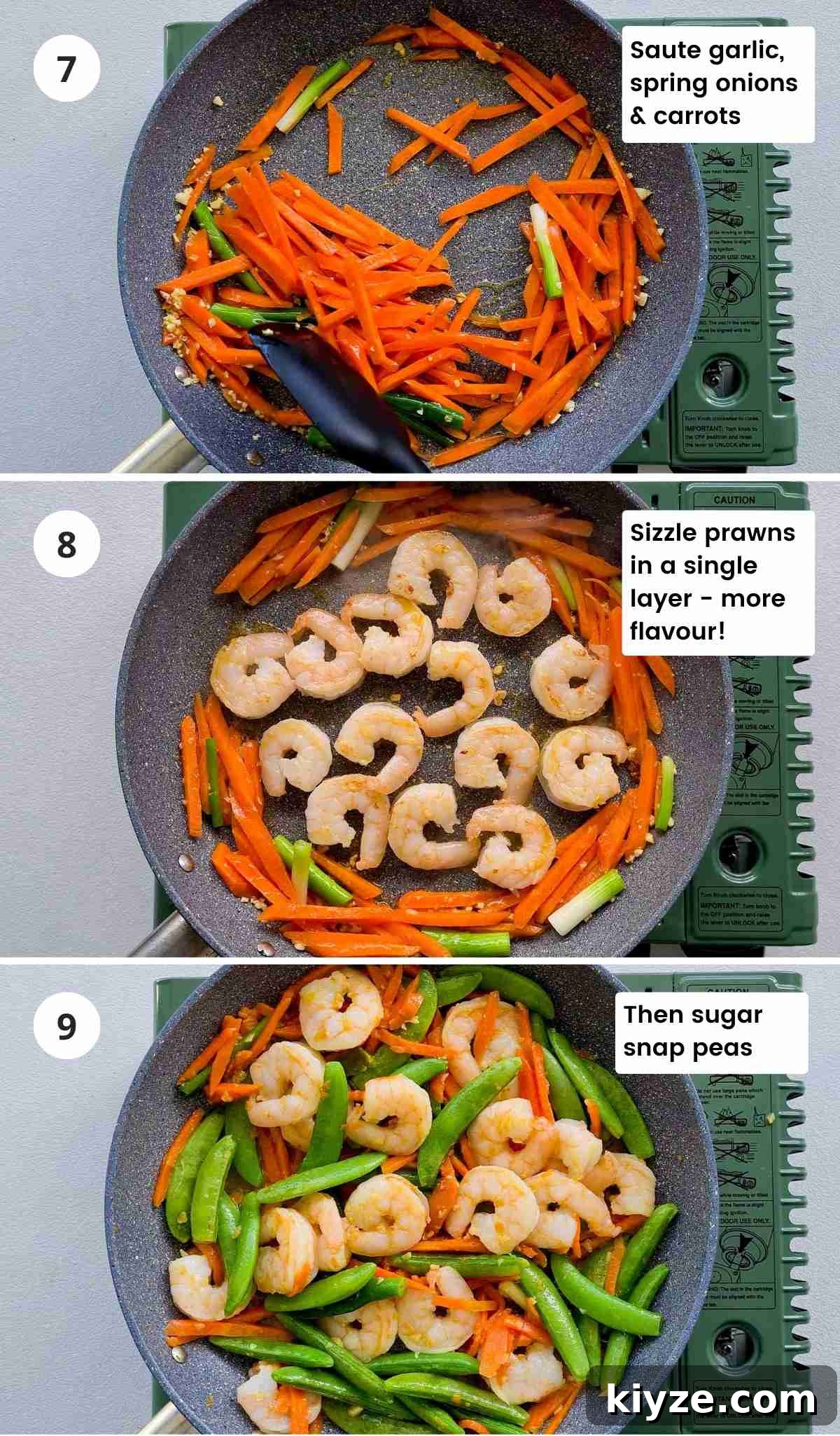 Wok Fried Prawn Noodles with Garlic and Chili 8 3 step instruction collage to cook prawns in a pan with vegetables and informative captions