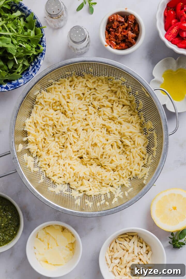 Fresh Pesto and Orzo Salad with Cherry Tomatoes and Basil 4 Orzo pasta cooked and drained, in a large silver bowl.