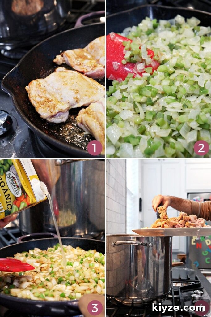 Collage showing how to put together a chicken and sausage gumbo